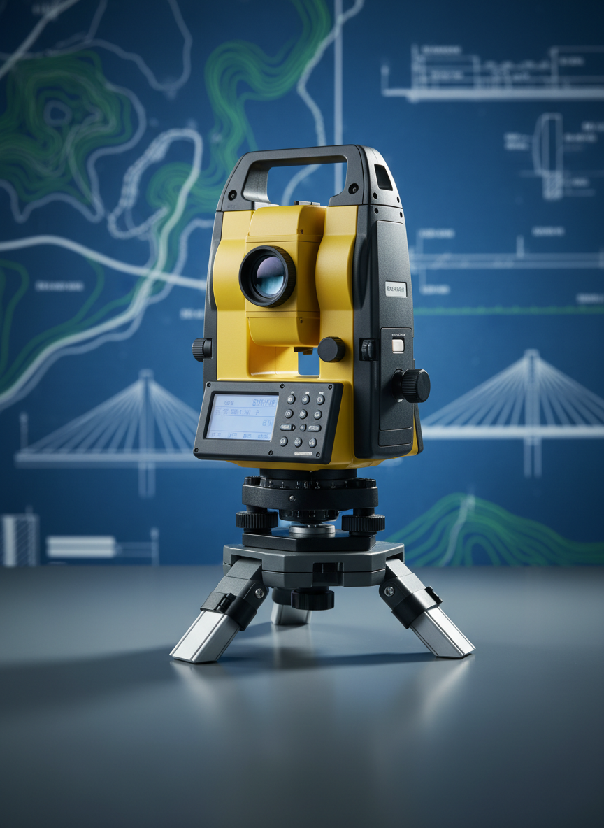 A high-precision total station mounted on a robust aluminum tripod, positioned on a smooth, dark work surface in front of a semi-blurred technical backdrop. The instrument’s glossy yellow casing, matte black eyepiece, and fine adjustment knobs are captured in crisp detail, with measurement buttons and digital screen subtly illuminated. In the background, faint outlines of topographic maps, CAD-style linework, and civil engineering diagrams are projected onto a deep blue wall, suggesting complex project planning. Directional studio lighting from the right creates controlled highlights along edges and soft shadows beneath the tripod. The composition uses a three-quarter angle and shallow depth of field to isolate the instrument, evoking precision, innovation, and field-tested reliability in a clean photographic style.