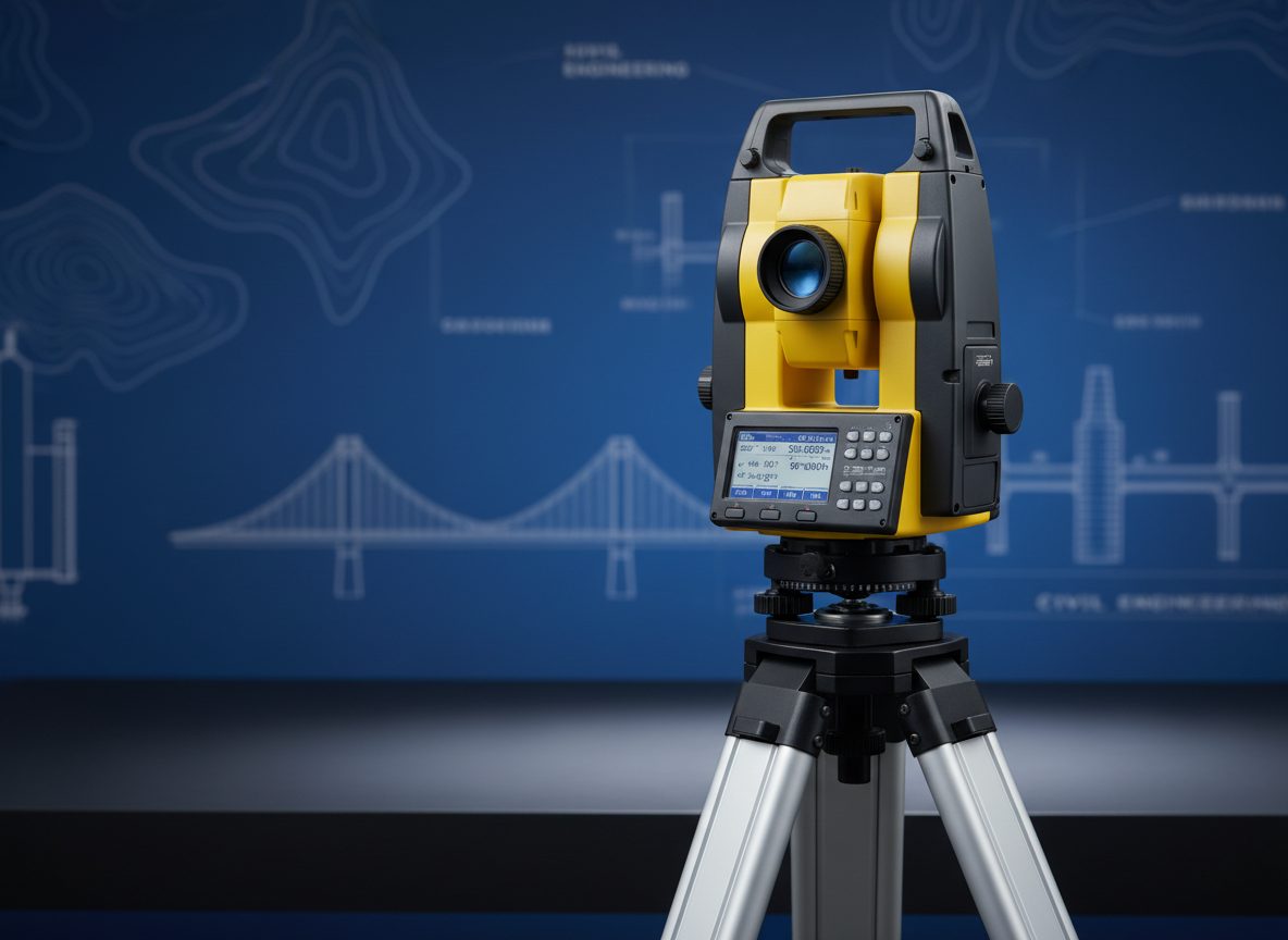 A high-precision total station mounted on a robust aluminum tripod, positioned on a smooth, dark work surface in front of a semi-blurred technical backdrop. The instrument’s glossy yellow casing, matte black eyepiece, and fine adjustment knobs are captured in crisp detail, with measurement buttons and digital screen subtly illuminated. In the background, faint outlines of topographic maps, CAD-style linework, and civil engineering diagrams are projected onto a deep blue wall, suggesting complex project planning. Directional studio lighting from the right creates controlled highlights along edges and soft shadows beneath the tripod. The composition uses a three-quarter angle and shallow depth of field to isolate the instrument, evoking precision, innovation, and field-tested reliability in a clean photographic style.