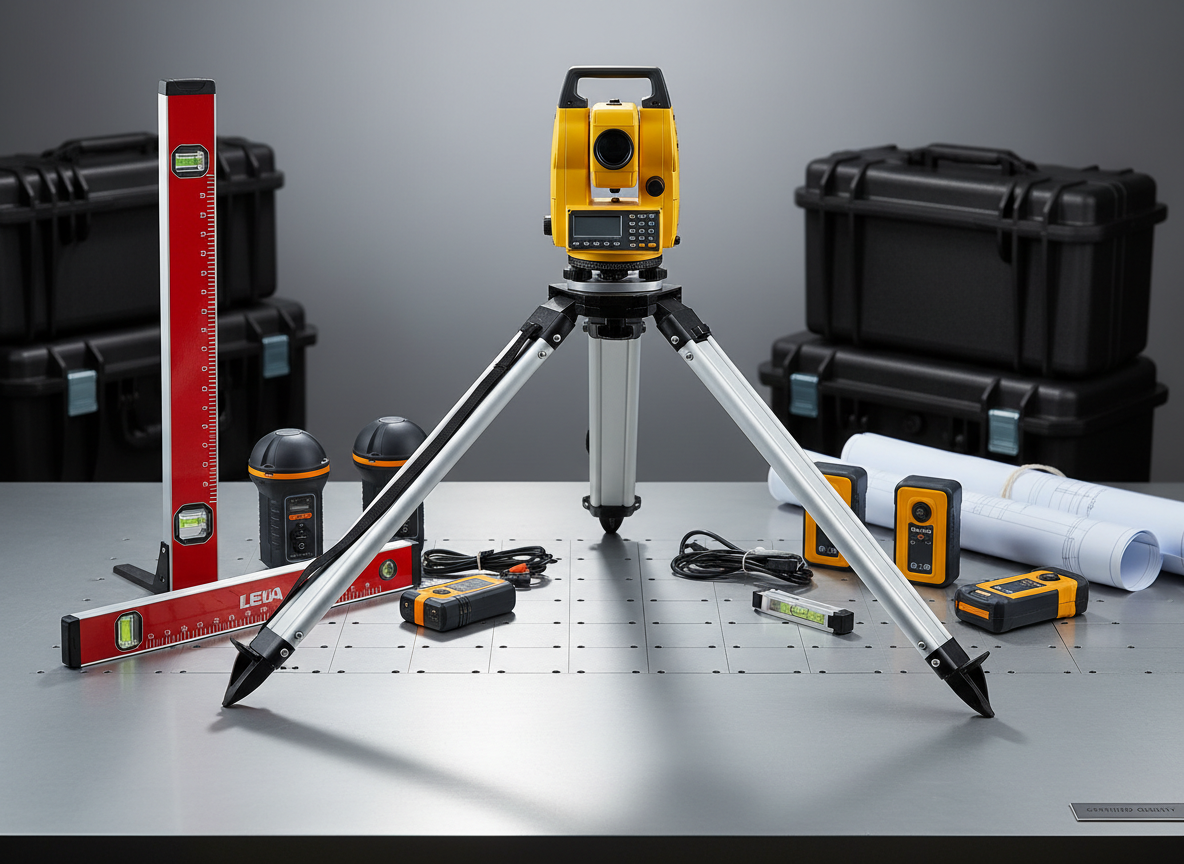 A meticulously arranged display of professional topography and civil engineering instruments on a clean, light-grey technical workbench. A bright yellow total station with sharp black details stands prominently on a sturdy aluminum tripod, surrounded by a precise red-and-white leveling staff, compact GNSS receivers, and rugged laser distance meters. Soft studio lighting from above and slightly to the left creates crisp reflections on metallic surfaces and subtle shadows that emphasize each instrument’s geometry. In the blurred background, neatly stacked hard protective cases and rolled technical plans suggest readiness for the field. Shot at eye level with moderate depth of field, the composition is balanced and symmetrical, conveying reliability, certified quality, and modern engineering professionalism in realistic photographic style.