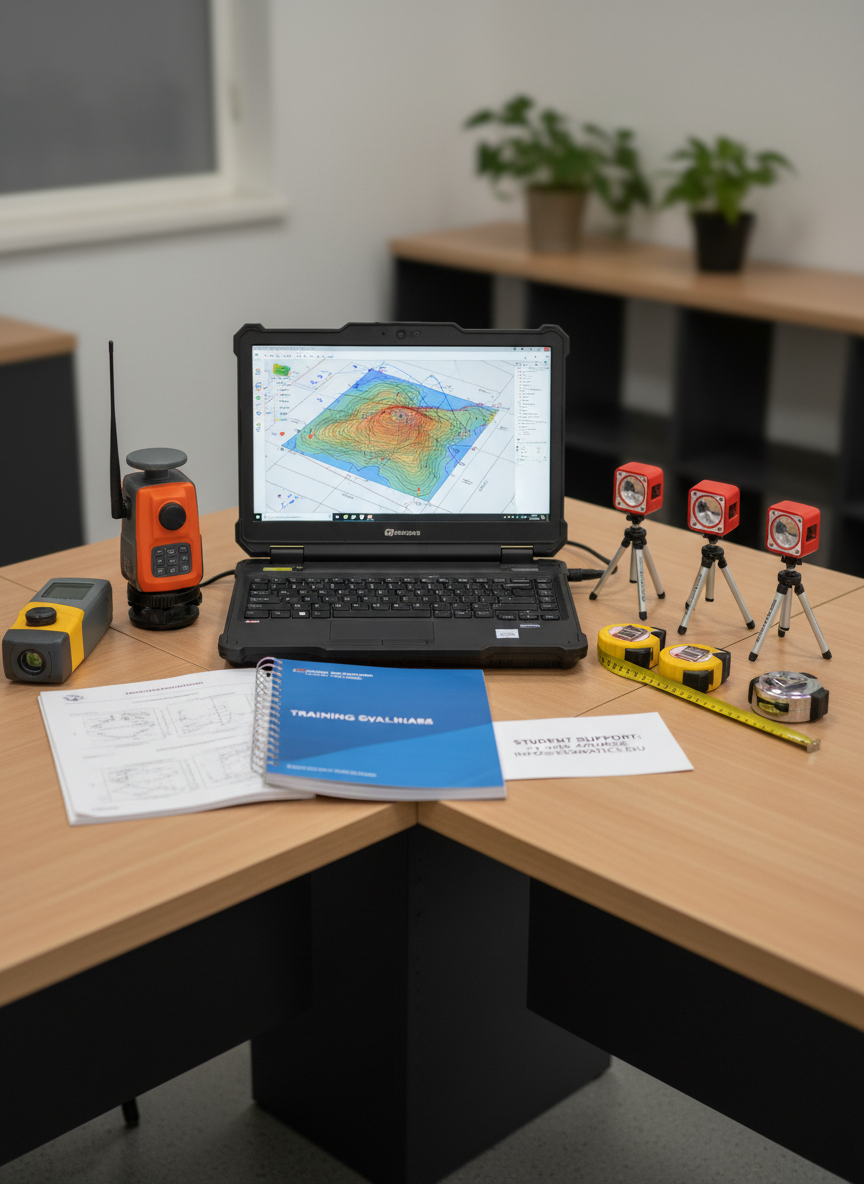 A compact training corner for topography and civil engineering, arranged on a wide, light wood table with photographic realism. A rugged laptop displays a colorful 3D terrain model with contour lines and section profiles, beside a GNSS receiver, a digital level, and neatly aligned measuring tapes and prism targets. Next to the equipment, an open technical manual and a spiral-bound training syllabus rest on the table, with printed contact numbers clearly visible on a discreet card. Neutral, diffused lighting from an unseen window softens the scene, creating gentle reflections on screens and plastic casings. Shot from a slightly elevated angle using the rule of thirds, the image feels calm, didactic, and professional, emphasizing support for students, ongoing training, and mastery of modern measurement tools.