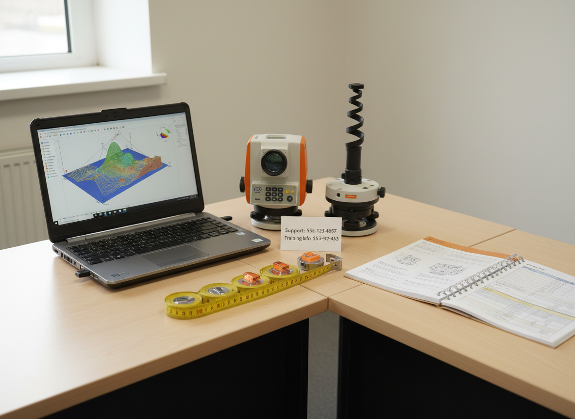 A compact training corner for topography and civil engineering, arranged on a wide, light wood table with photographic realism. A rugged laptop displays a colorful 3D terrain model with contour lines and section profiles, beside a GNSS receiver, a digital level, and neatly aligned measuring tapes and prism targets. Next to the equipment, an open technical manual and a spiral-bound training syllabus rest on the table, with printed contact numbers clearly visible on a discreet card. Neutral, diffused lighting from an unseen window softens the scene, creating gentle reflections on screens and plastic casings. Shot from a slightly elevated angle using the rule of thirds, the image feels calm, didactic, and professional, emphasizing support for students, ongoing training, and mastery of modern measurement tools.