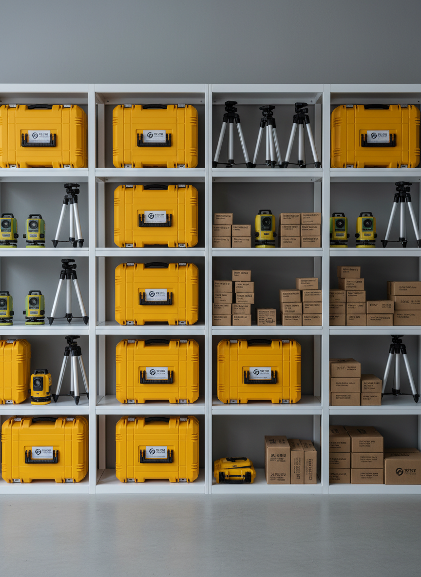 An ultra-organized shelving wall filled with topography and civil engineering equipment, captured in photographic realism. Bright yellow and orange instrument cases with clean logos are lined up beside precision tripods in brushed aluminum, laser levels with glowing green reference lines, and neatly boxed survey accessories. The shelving is matte white metal, set against a neutral grey wall that enhances the vibrant product colors. Cool, even overhead lighting ensures every label and detail is clearly visible, with minimal shadows for a catalog-like clarity. The camera is positioned straight-on with sharp focus across the entire frame, creating a clean, modern, professional e-commerce aesthetic that highlights product variety, availability, and a sense of reliability and logistical efficiency.