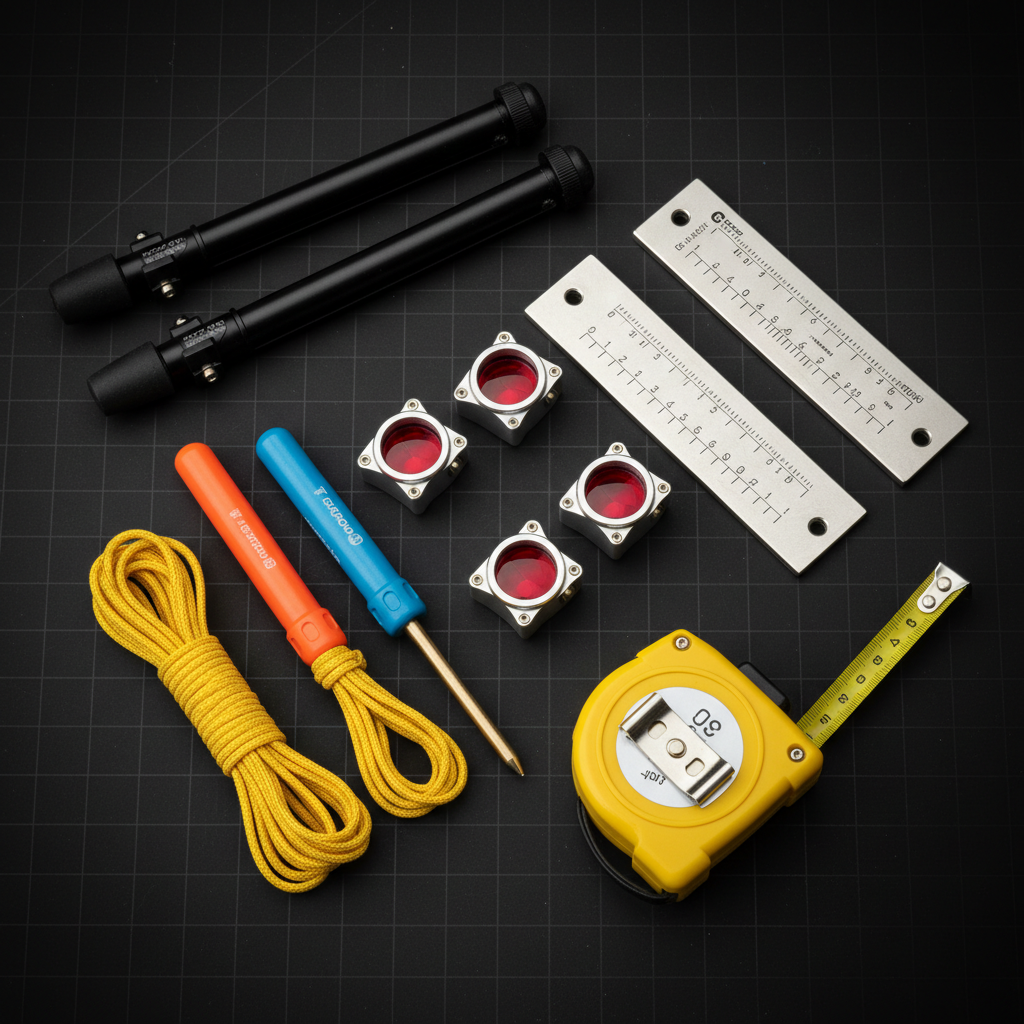 A close-up, catalog-style composition of essential survey accessories for civil engineering, laid out on a dark, matte technical surface. Precision mini-prisms with ruby-red glass, stainless-steel calibration targets, brightly colored plumb bobs, sturdy bipods, and neatly coiled fiber measuring tapes are arranged with careful spacing. Each item displays fine engraving, measurement marks, and robust fasteners, highlighted by controlled studio lighting that creates crisp reflections and delicate shadows. The camera is positioned directly overhead for a flat-lay effect, with sharp focus across the entire frame and a subtle vignette drawing attention to the center. The mood is meticulous and professional, underscoring attention to detail, accessory quality, and the completeness of the product offering in a clean, modern photographic aesthetic.