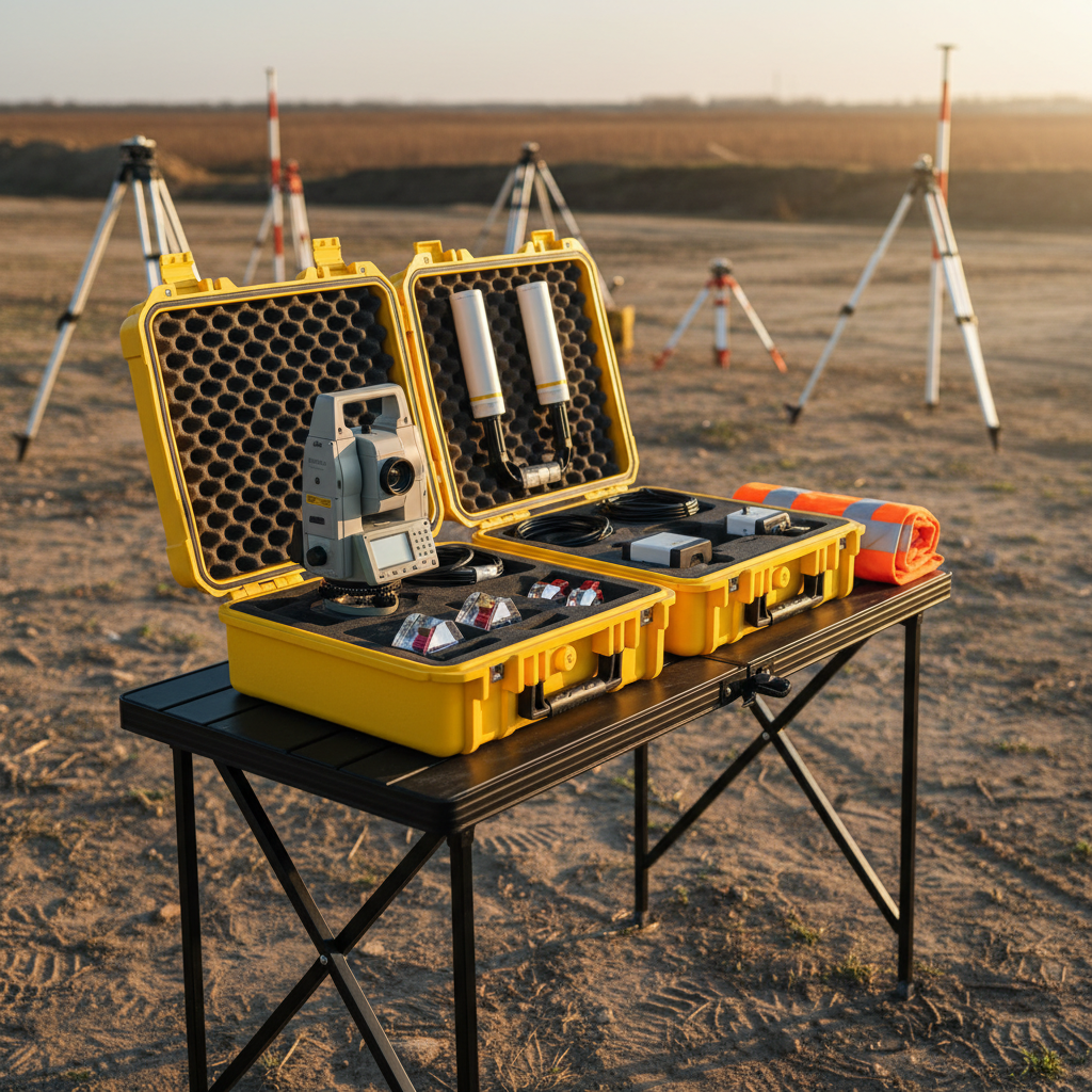 A rugged outdoor field setup showcasing topography and civil engineering equipment ready for deployment, rendered in realistic photographic style. On a compact, foldable field table, bright yellow transport cases are open to reveal carefully padded total stations, GNSS antennas, laser sensors, and precision prisms. A rolled-up reflective safety vest rests to the side, emphasizing site readiness without showing any wearer. The ground is a dry, compacted earth surface with faint tire tracks, evoking a real chantier environment. Late-afternoon natural light casts warm, angled highlights and long, soft shadows, enhancing textures of plastic, metal, and foam inserts. Captured from a slightly low angle, the composition emphasizes robustness, certified quality, and readiness for demanding field conditions, with a clear, uncluttered background for use as a hero banner image.