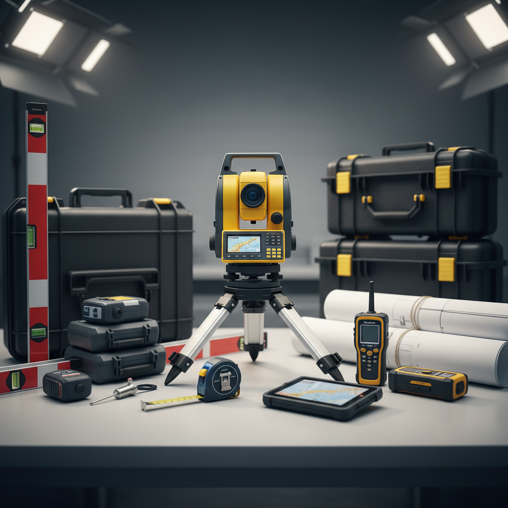 A meticulously arranged display of professional topography and civil engineering instruments on a clean, light-grey technical workbench. A bright yellow total station with sharp black details stands prominently on a sturdy aluminum tripod, surrounded by a precise red-and-white leveling staff, compact GNSS receivers, and rugged laser distance meters. Soft studio lighting from above and slightly to the left creates crisp reflections on metallic surfaces and subtle shadows that emphasize each instrument’s geometry. In the blurred background, neatly stacked hard protective cases and rolled technical plans suggest readiness for the field. Shot at eye level with moderate depth of field, the composition is balanced and symmetrical, conveying reliability, certified quality, and modern engineering professionalism in realistic photographic style.