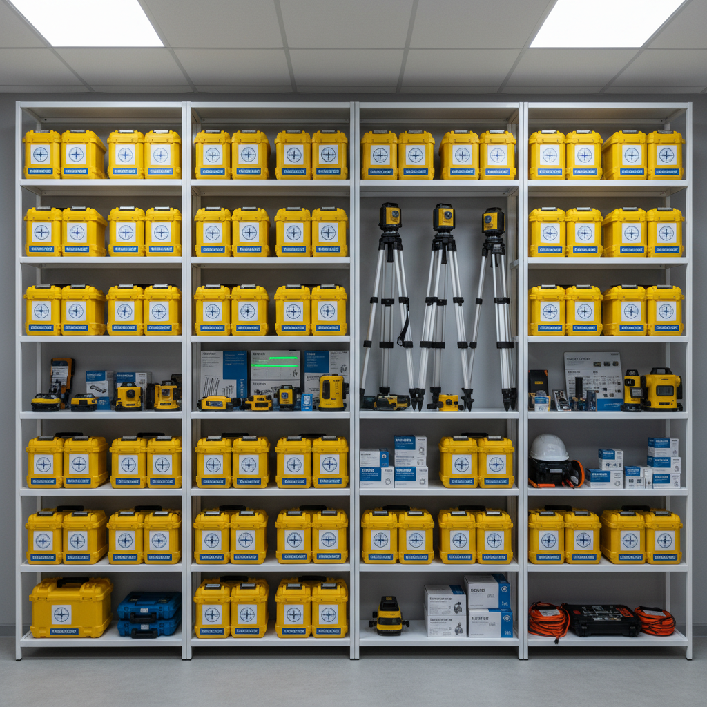 An ultra-organized shelving wall filled with topography and civil engineering equipment, captured in photographic realism. Bright yellow and orange instrument cases with clean logos are lined up beside precision tripods in brushed aluminum, laser levels with glowing green reference lines, and neatly boxed survey accessories. The shelving is matte white metal, set against a neutral grey wall that enhances the vibrant product colors. Cool, even overhead lighting ensures every label and detail is clearly visible, with minimal shadows for a catalog-like clarity. The camera is positioned straight-on with sharp focus across the entire frame, creating a clean, modern, professional e-commerce aesthetic that highlights product variety, availability, and a sense of reliability and logistical efficiency.